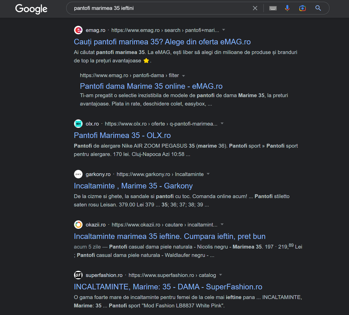 Pantofi Marimea 35 Exemplu cuvant cheie long tail cautare Google